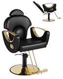 Salon Barber Chair, Reclining Salon Chair for Hair Stylist, Hair Salon Chair with Heavy Duty Hydraulic Pump, 360 Swivel Styling Braiding Hairdresser Chair for Home Barbershop, Black Gold