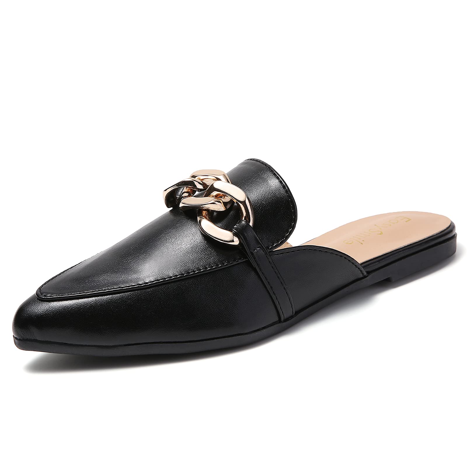 EasySmile Metal Chain Decor Flat Mules for Women Closed Pointed Toe Slip on Loafers Slides Backless Mules Shoes