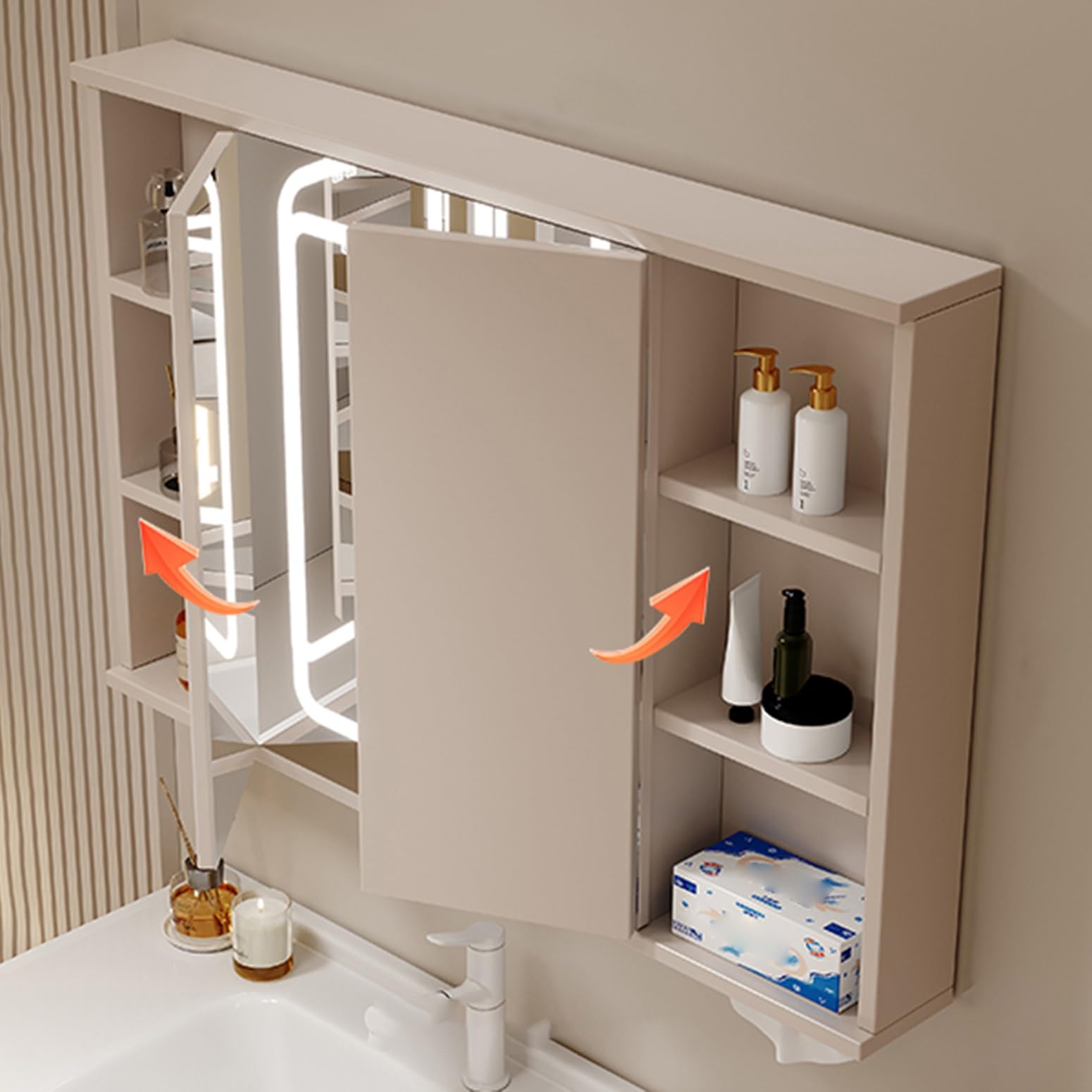 Espejo de Baño con Armario y LED, Armario Baño con Espejo y Luz, Espejo con almacenaje de Maquillaje Toque Inteligente, antioxidante y fácil de Instalar(78 * 65cm/30.7 * 25.6in)