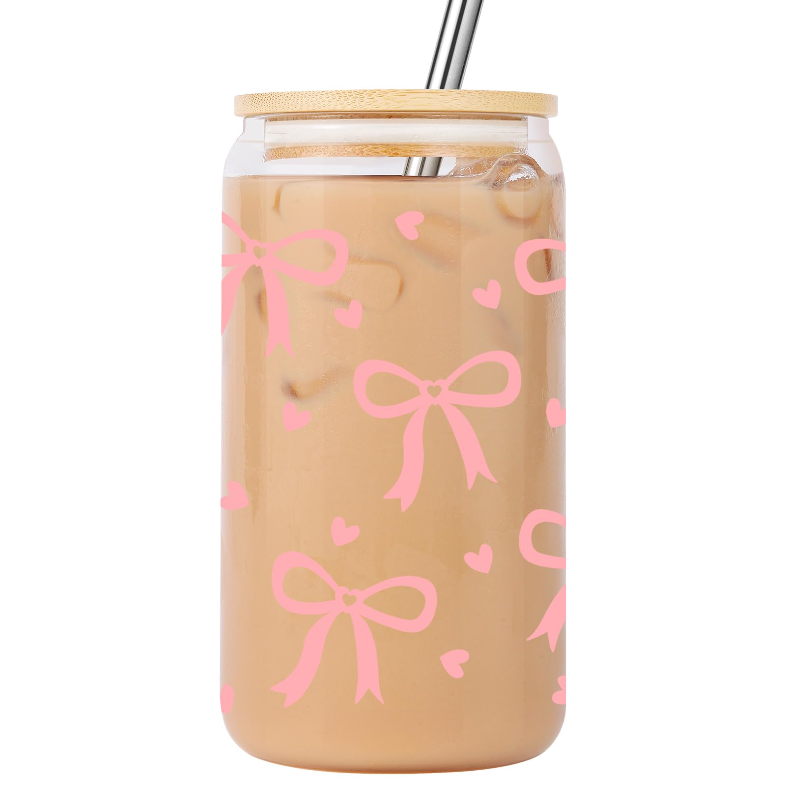 Lovearth Coquette Aesthetic Glass Cup, Pink Bow, Glass Tumbler w/Lid & Straw, 16 oz Iced Coffee Cup, Cute Christmas, Birthday Gifts for Women, Mom,