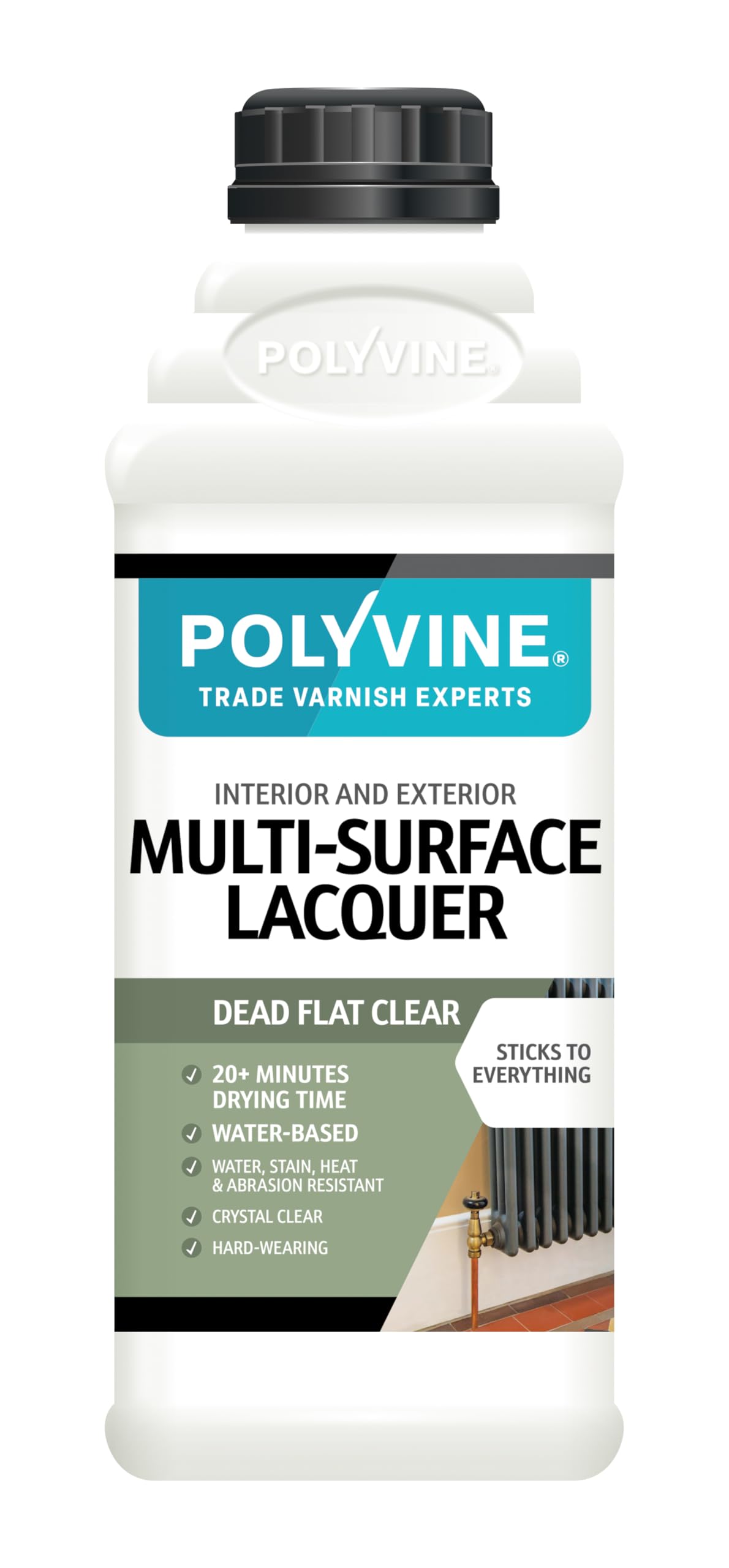 Polyvine Multi-Surface Lacquer Gloss, Satin or Dead Flat - Professional Quick Dry Clear Lacquer - Exterior, Interior Water Based Clear Sealer Protective Coating - Water&Heat Resistant, Dead Flat 1L
