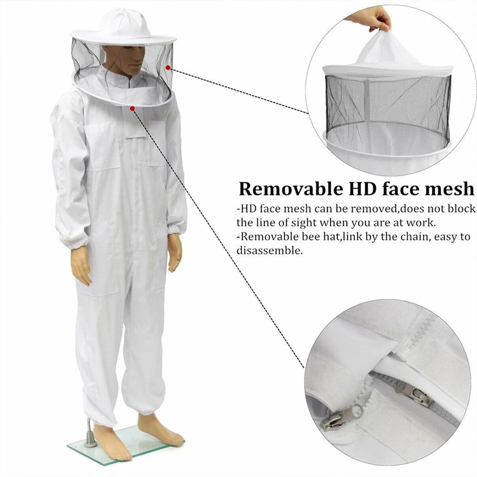 Ropa De Apicultura Gorro de cuerpo completo for el hogar, antiabejas con capucha velo, traje cremallera ventilada, apicultor, ropa protectora profesional(WHITE,L)