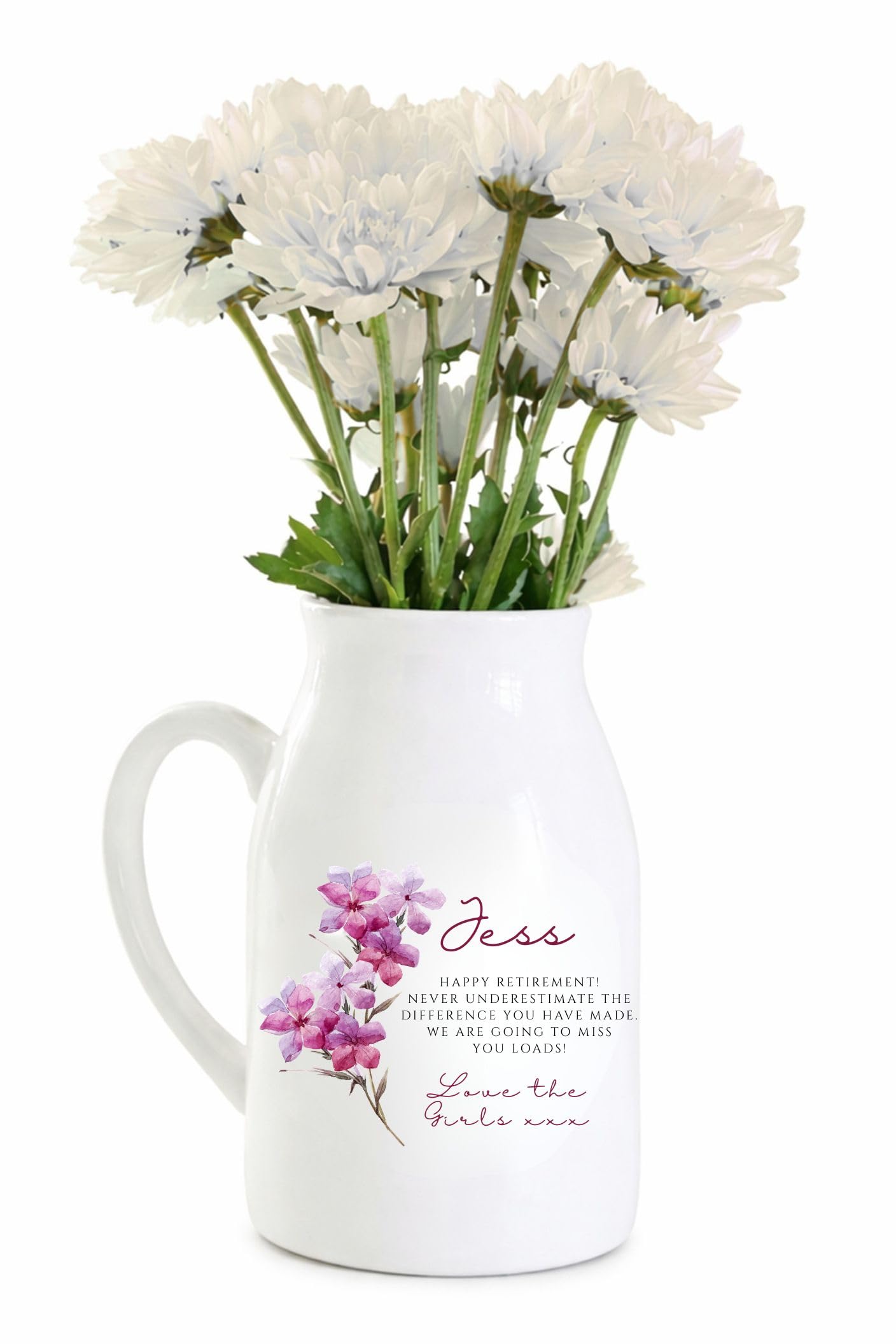 Uniquepgifts White Personalised Retirement Vase, Colleague Gift, Coworker Leaving Present, Friend Happy Retirement Keepsake, Small Flower Jug, 12.5Cm
