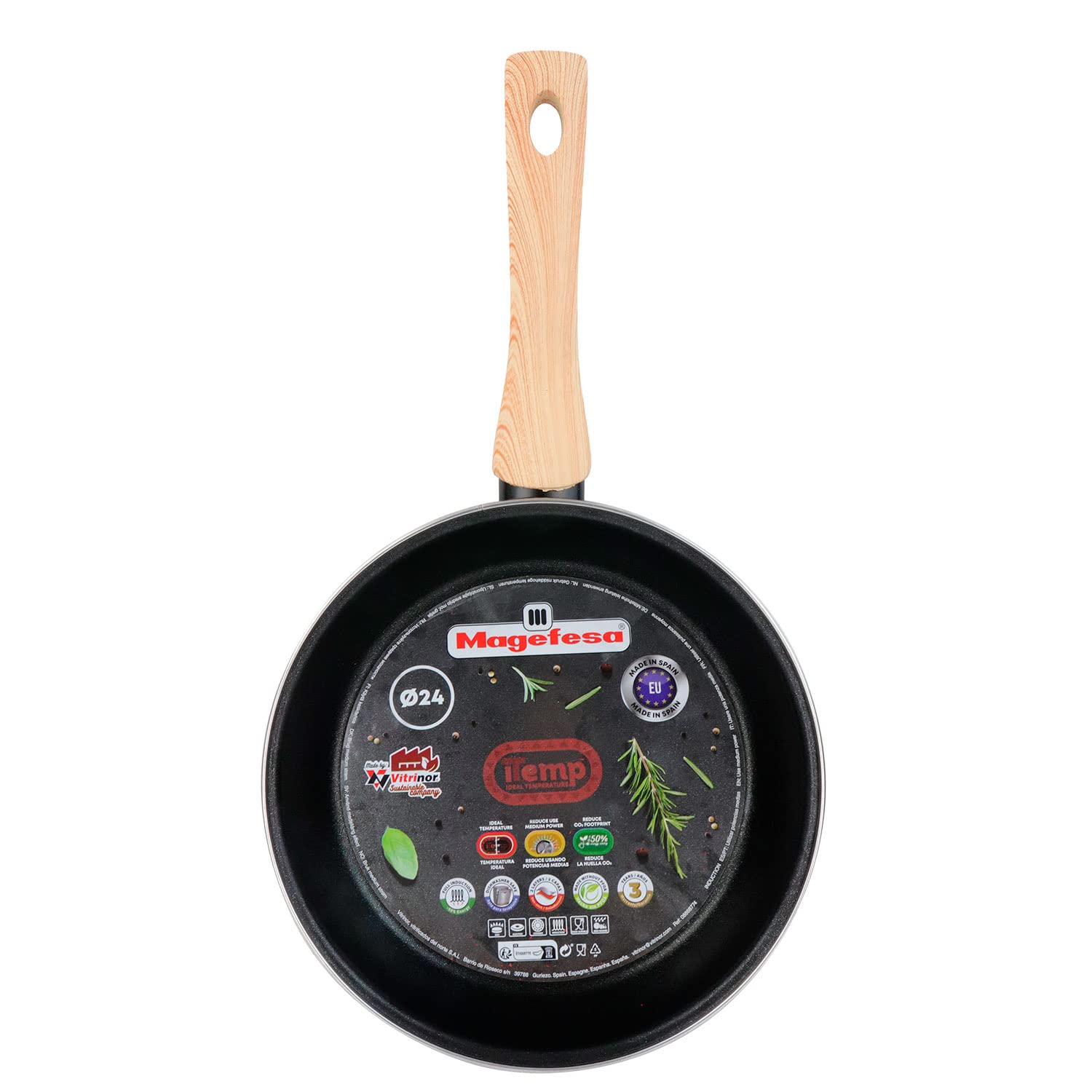 Magefesa Orbe Batería Cocina Inducción 6 Piezas, Antiadherente Libre PFOA Esmalte Exterior Negro, Set Cazuelas Tapa Vidrio, Sartenes, Herrajes Efecto Madera, Diseño Moderno