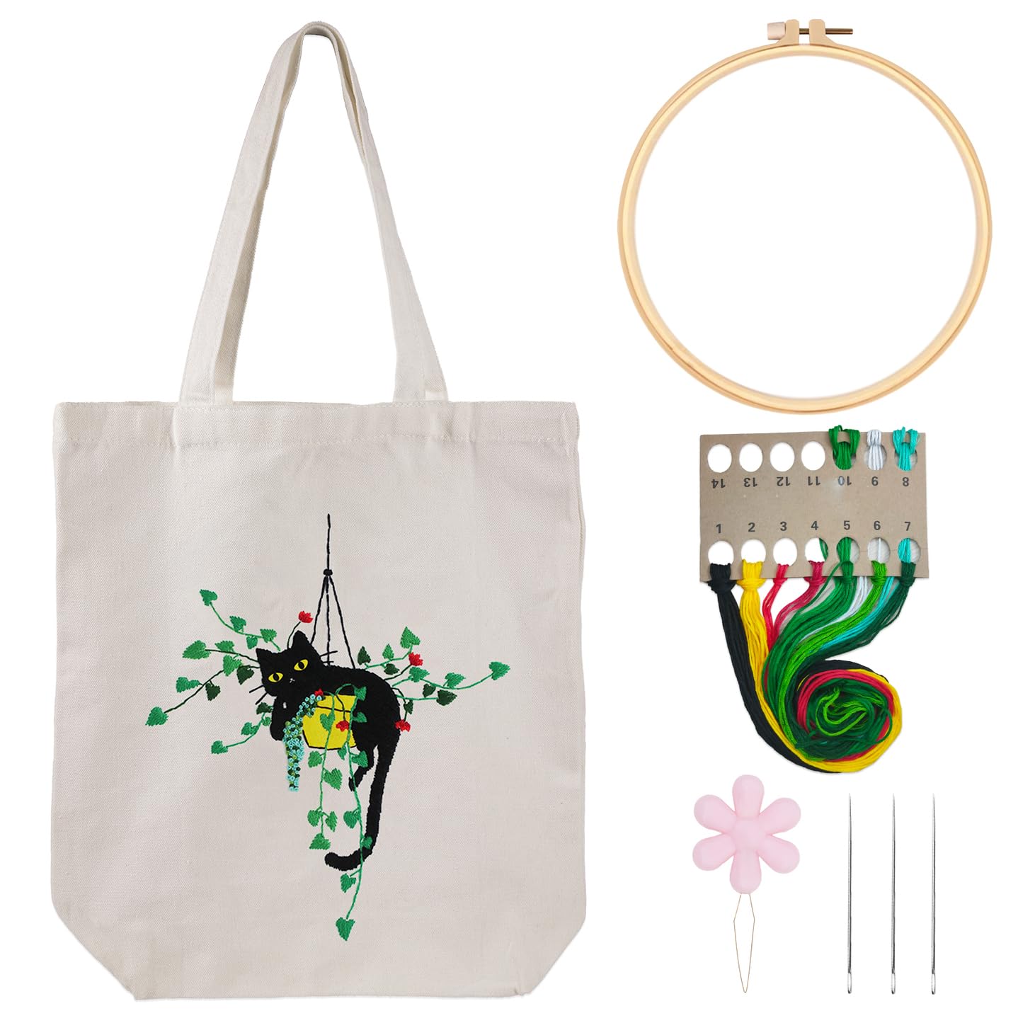 Louise Maelys Canvas Tote Bag Embroidery Kit for Beginners,Cross Stitch Kits for Adults,Arts and DIY Crafts Needlepoint with Plant Cat Pattern,Women