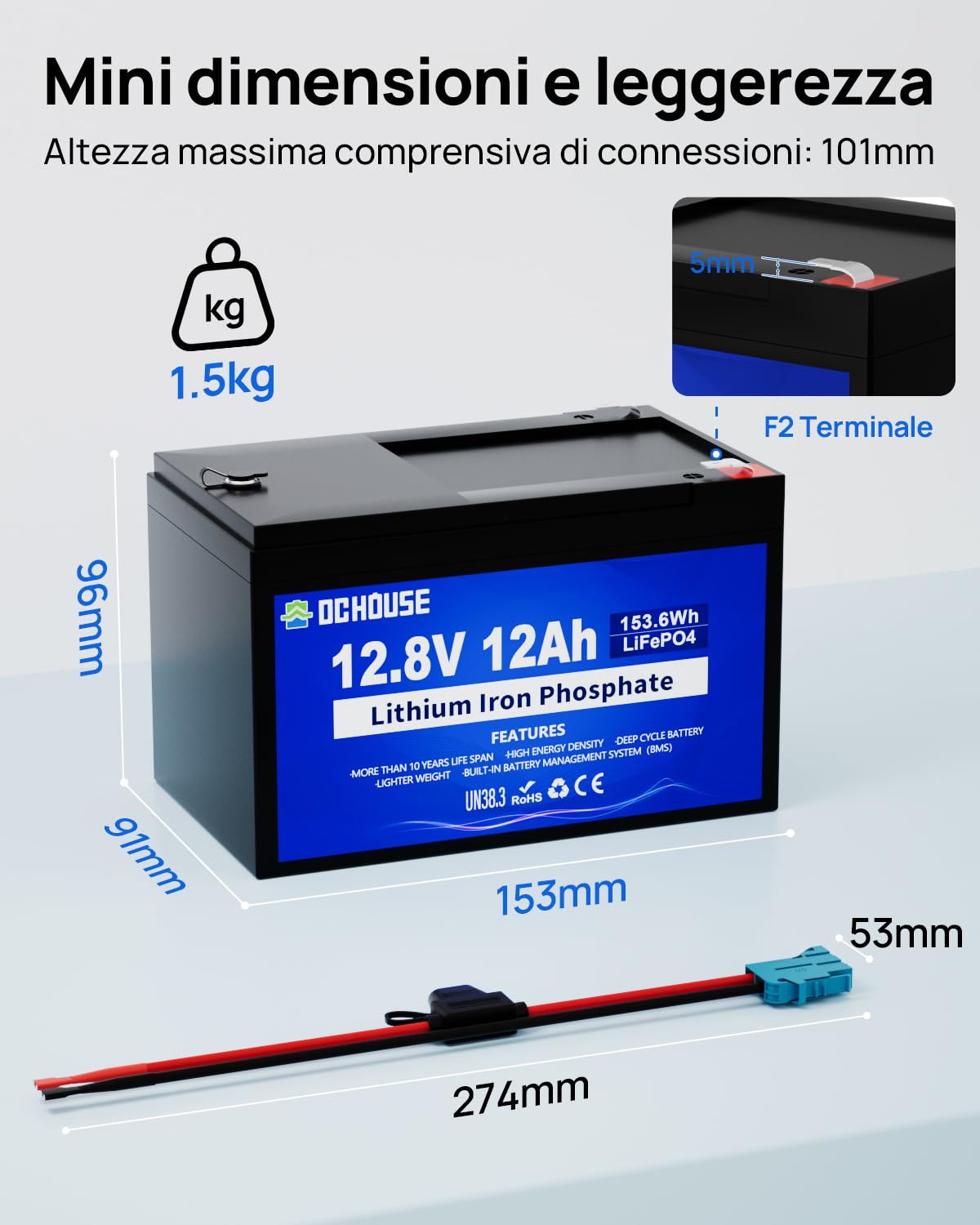 DCHOUSE Batteria Litio 12V 12Ah, Max.15000 Cicli e Con Protezione 15A BMS, 10 Anni di Vita, Ricaricabile Batteria LiFePo4 12V Per UPS, il Giro sul Giocattolo, Passeggino, Pannello Solare, Campeggio