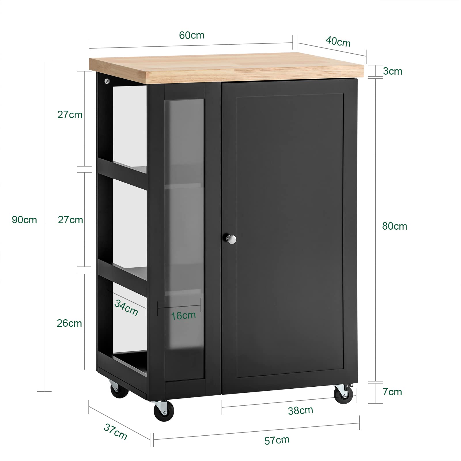 SoBuy Desserte Cuisine à roulettes avec étagère latérale 60 × 40 × 90 cm | Meuble cuisine avec placard et 2 étagères réglables sur 6 hauteurs, en MDF (E1) et verre, pour la salle à manger, FKW75-SCH