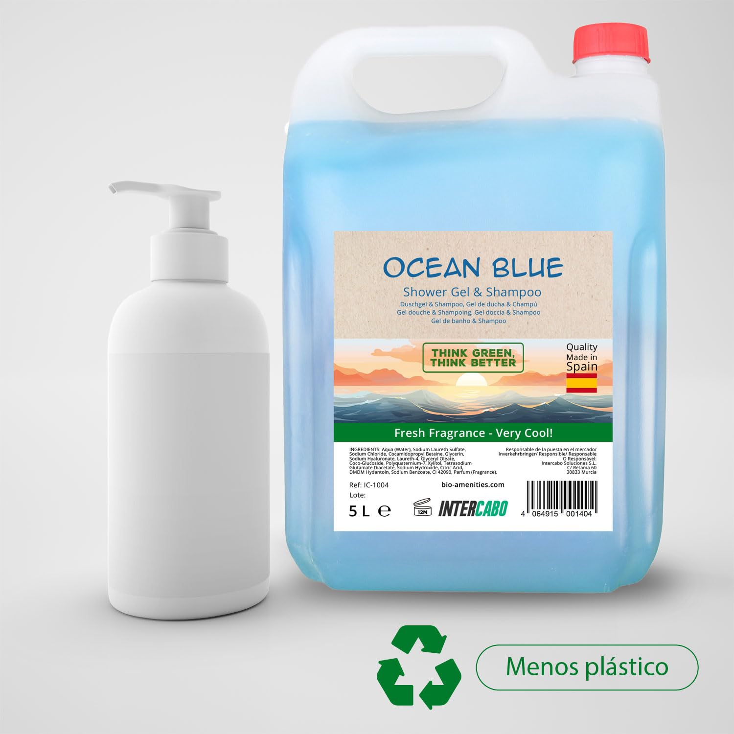 4 x 5 Liter Kanister Intercabo Duschgel & Shampoo 2in1 Ocean – Kombiprodukt zur Haar- und Körperpflege – pH-neutral – Nachfülllösung für Spender in Hotel, Spa, Gemeinschaftsdusche und Sporteinrichtung