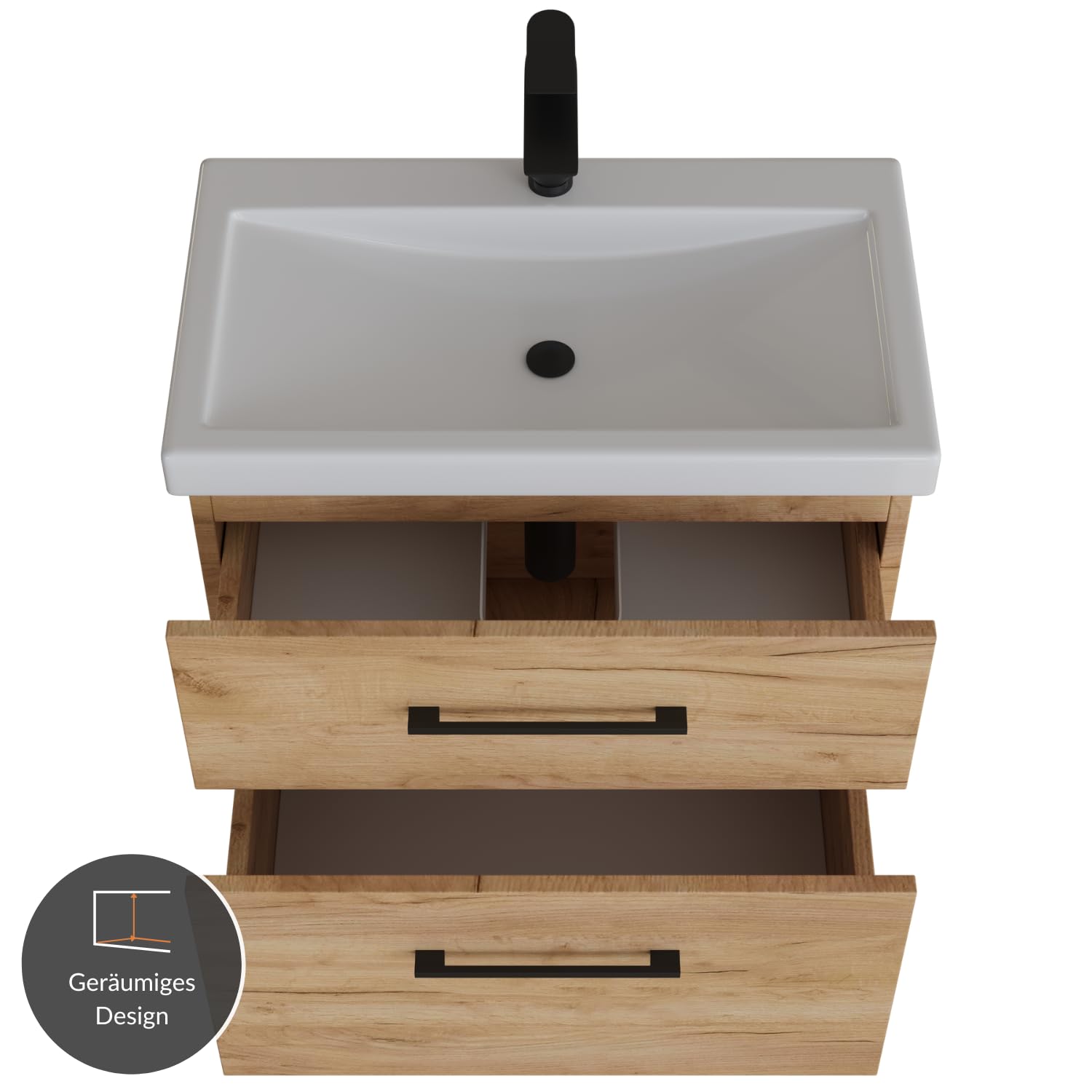 Planetmöbel Badmöbel Set Waschtisch mit Unterschrank 63 x 60 x 36,5 cm, Spiegelschrank 60 cm mit LED-Leuchte (schwarz matt) & Steckdose, Moderne Badezimmer Möbel, Gold Eiche