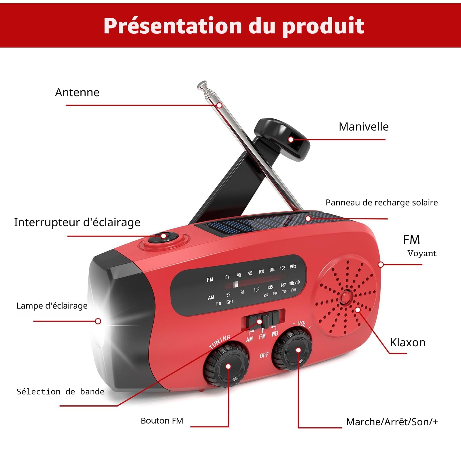 Radio d'urgence solaire 2000mAh manivelle AM/FM/WB alarme SOS lampe LED 700LM IPX4 étanche