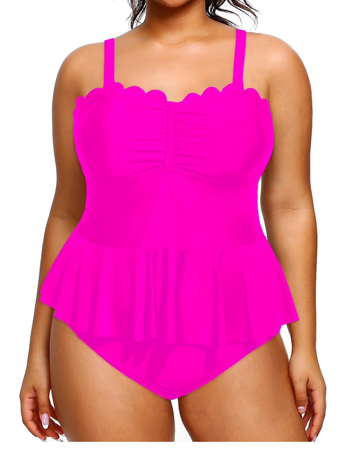 Photo 1 of Yonique Women Plus Size 2 Piece Tankini Swimsuits Ruched Bathing Suits Peplum Swimwear Scalloped Swimsuits Hot Pink 24 Plus