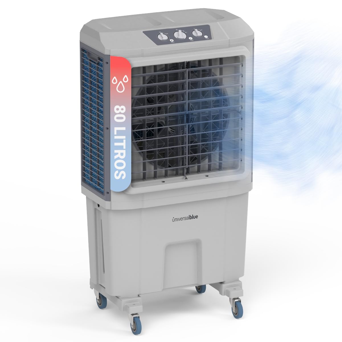 UNIVERSALBLUE |Climatizador 80L | Blanco | Modo Frío y Evaporación | 210W | 3 Velocidades | 6200 m³/​h | Superficie 50 m² | Ruedas Multidireccionales