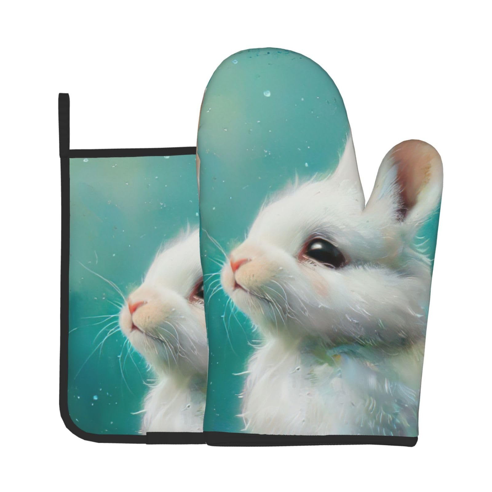 Cute White Rabbit Kitchen Baking Two-Piece Set,Multipurpose Oven Gloves,Used for Barbecue Kitchen Baking