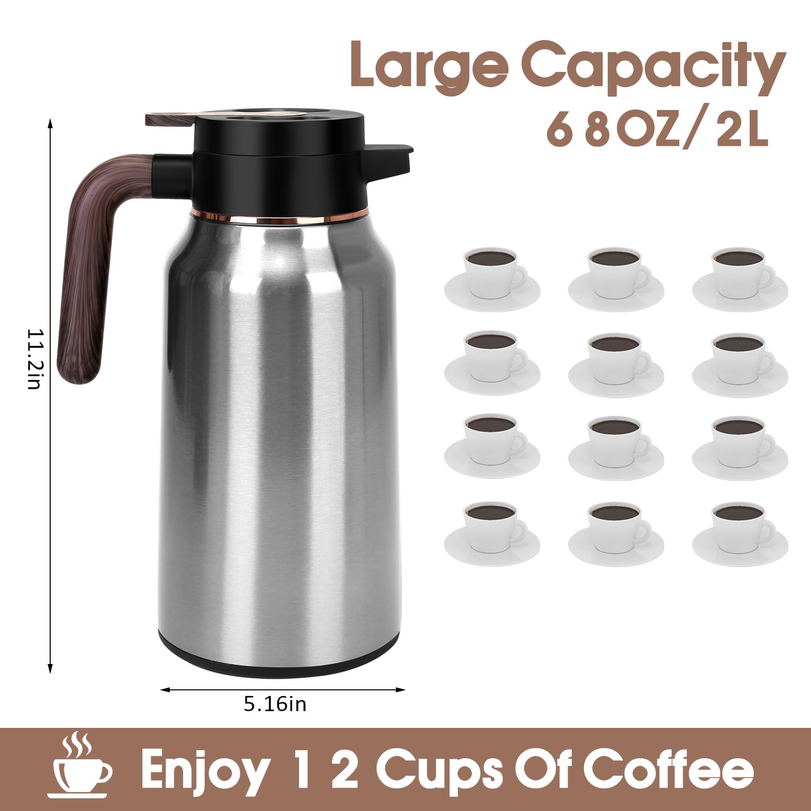 Jarra térmica de café de 68 onzas, jarras de acero inoxidable para líquidos calientes 36 horas, jarras de café aisladas para mantener el café caliente, agua caliente, té, bebidas calientes (plata)