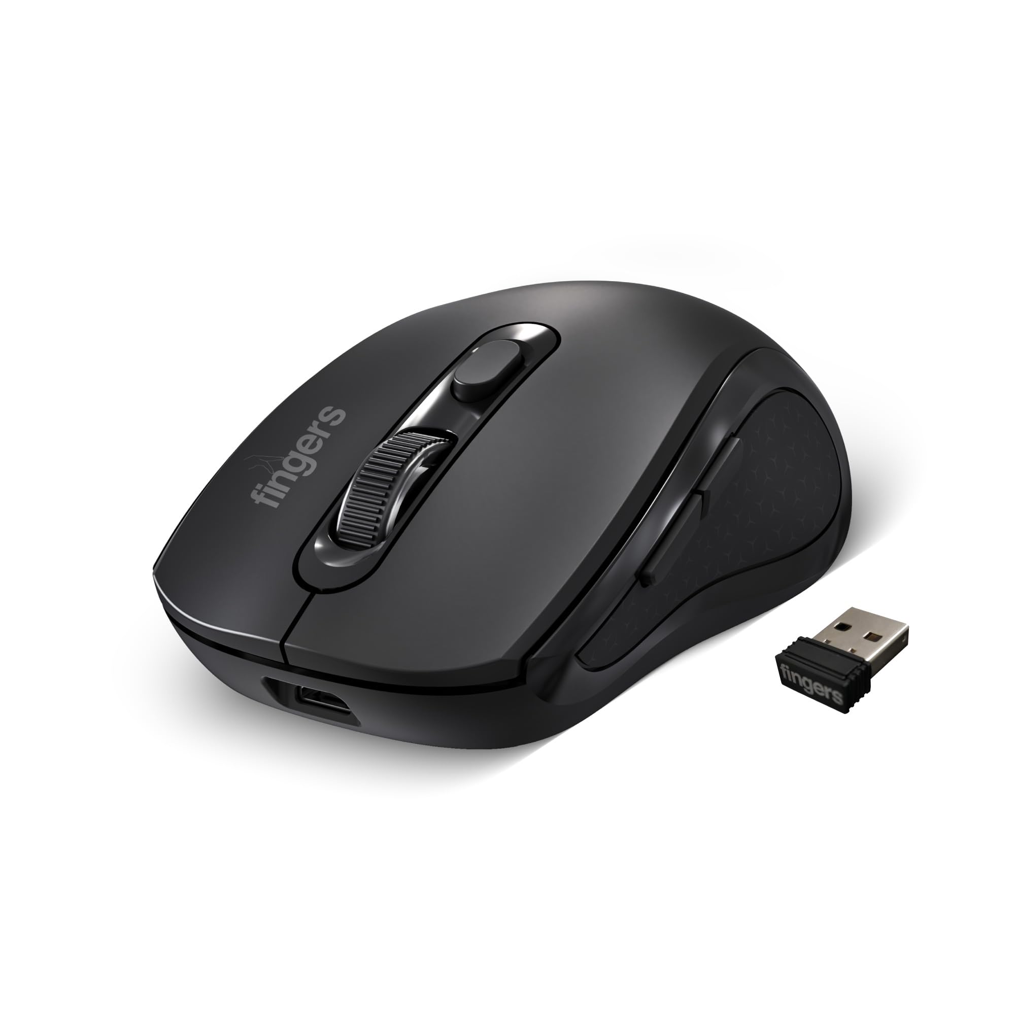 FINGERS SwiftCharge 2.4 GHz Wireless Mouse with Rechargeable Battery for PCs & Laptops – 1600 DPI, 5 Quick Buttons, 25 Days Long Battery Backup, Ambidextrous Design (Black)
