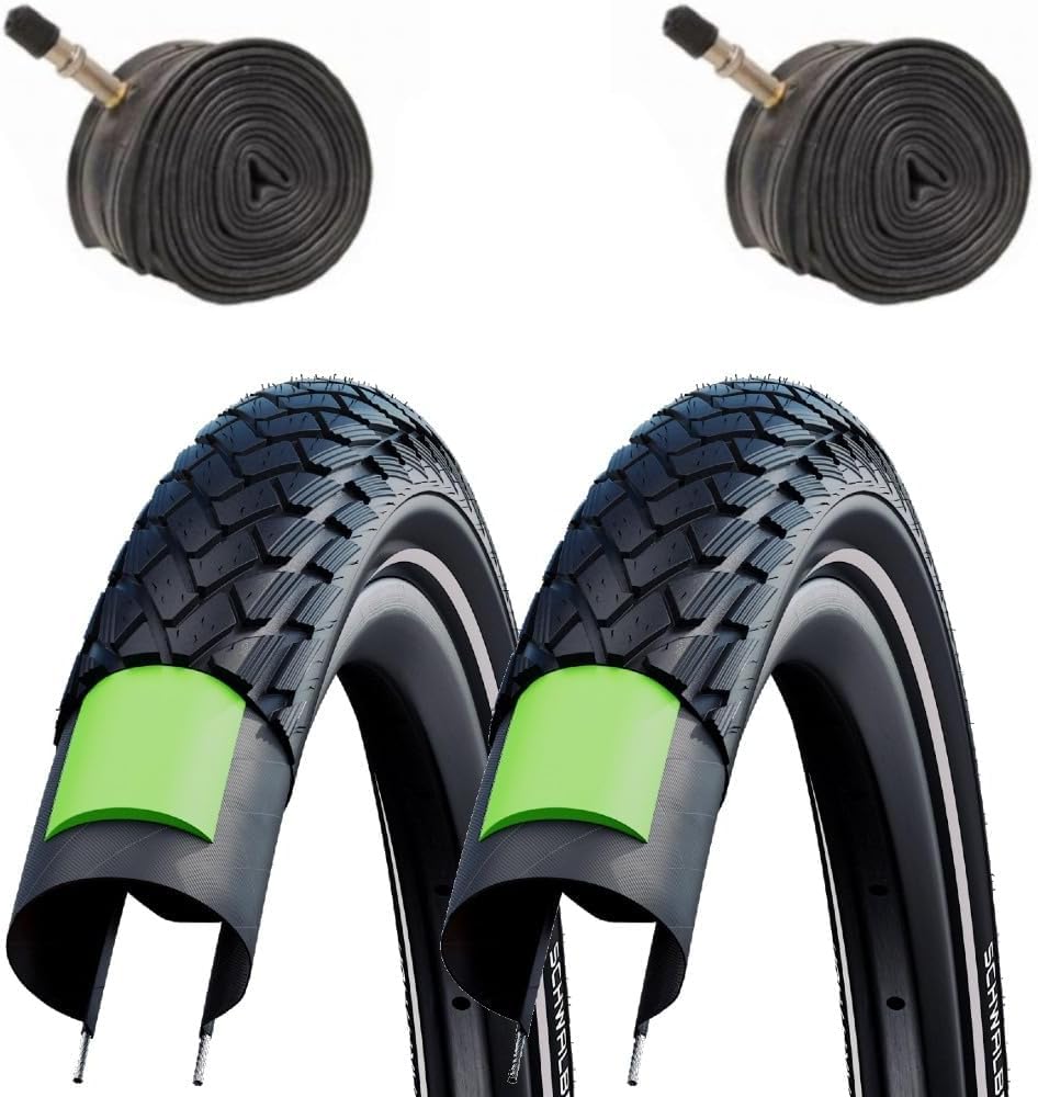 Schwalbe Green Marathon 700 x 35c Road/Touring/Hybrid Bike tyres (Pair) + Matching AV17 Schrader Valve tubes (pair)