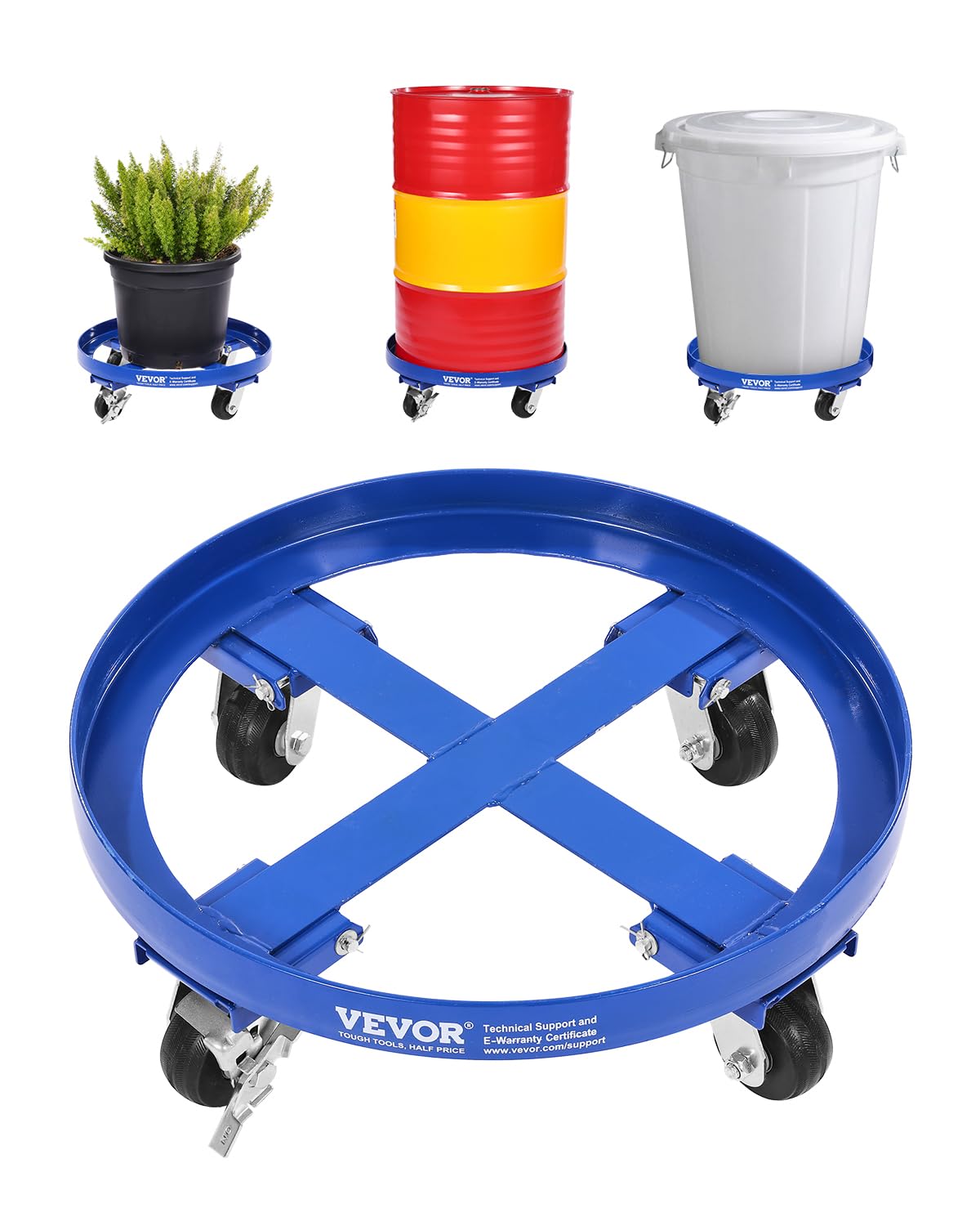 VEVOR Chariot pour fûts de 250,03 L Capacité de Charge de 907 kg Chariot pour fûts Lourds avec Renforts transversaux et 4 Roues pivotantes, pour manutention de fûts en Stock, Bleu