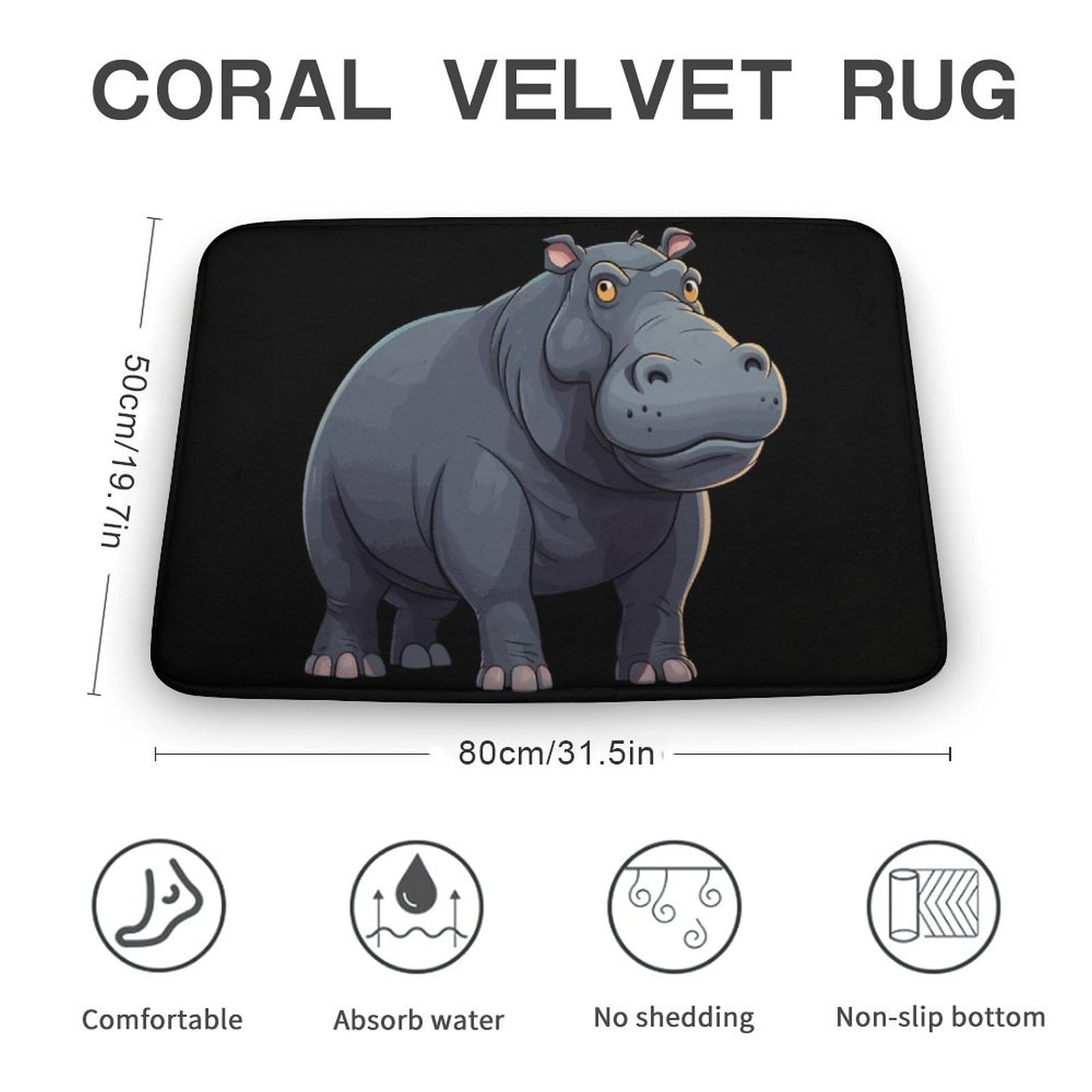 Cartoon Hippo Coral Velvet Rugs Non-Slip Bathroom Rugs Soft Kitchen Rug Floor Carpet for Home Decor 19.7