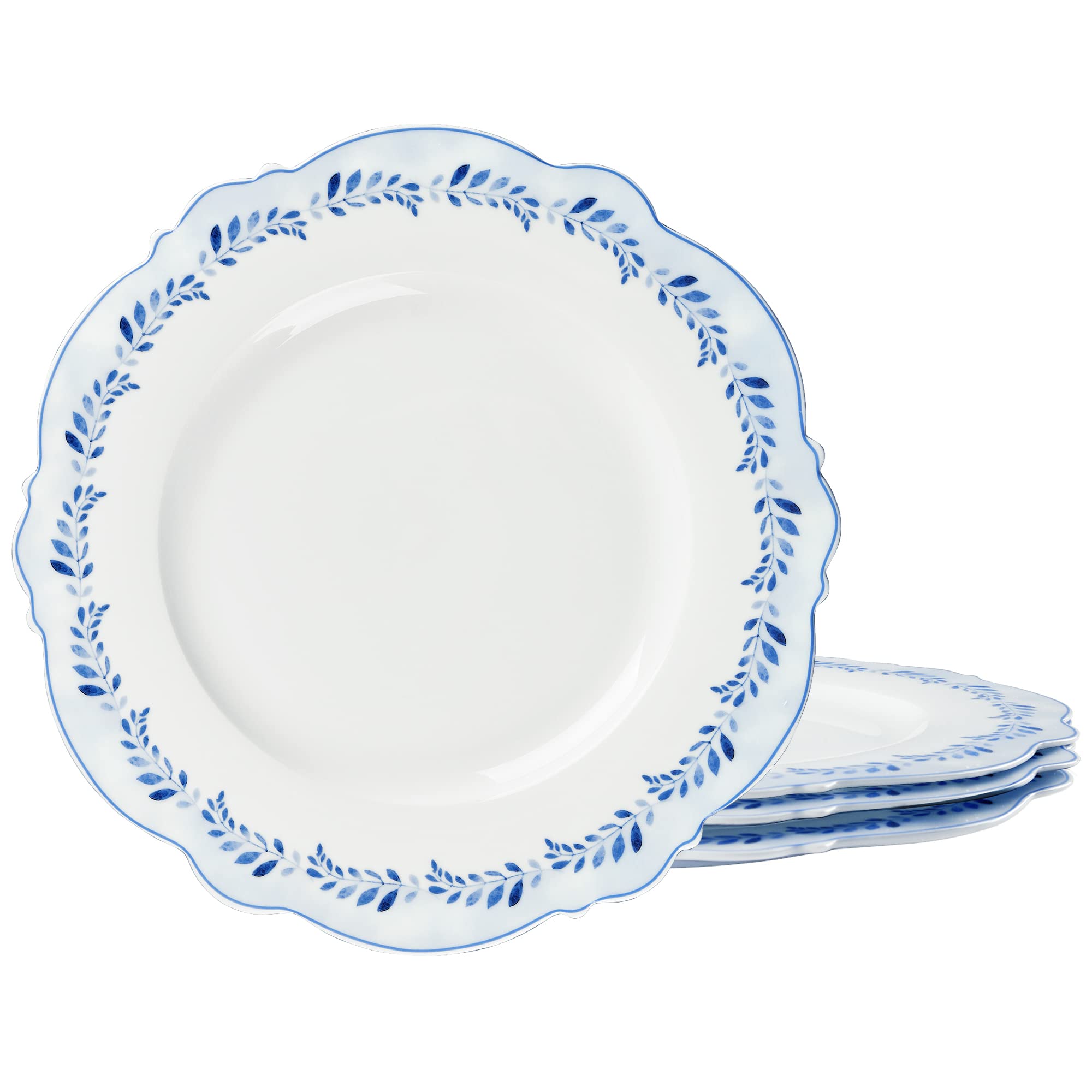 fanquare Lot de 4 Assiette Plate en Porcelaine, Motif Feuilles Bleues, Service de Assiettes Ø 27 cm Assiette Petit déjeuner Assiette Plate Service
