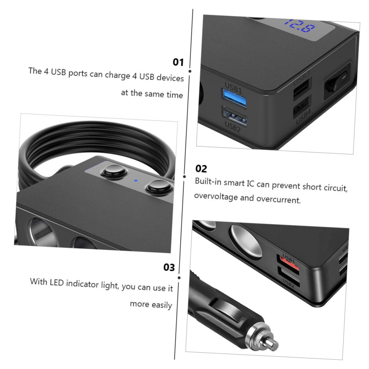 180w Caricabatterie Auto Splitter Porte Usb Adattatori Accendisigari Indicatore Tensione e Protezione Ic