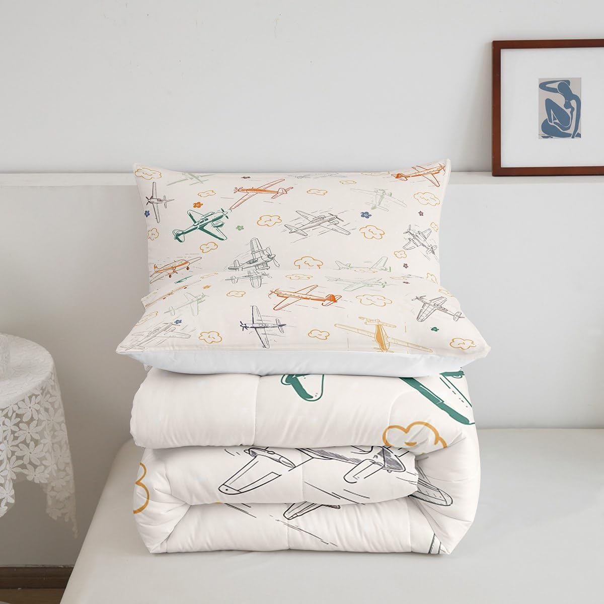 Castle Fairy Colorful Aircraft Bedding Sets Kids Airplane Print Comforter Set Boys Girls Bedroom Decor Aircraft Flying Theme Blanket Microfiber Sketch Style Light Yellow Quilt Set Full Size 3 Pcs