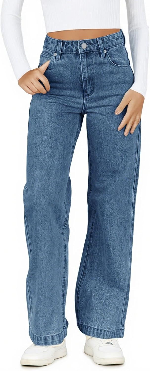 Haloumoning Girl’s Elastic Waist Jeans Straight Leg Demin Pants Casual Stretch Long Pants with Pockets 5-14 Years