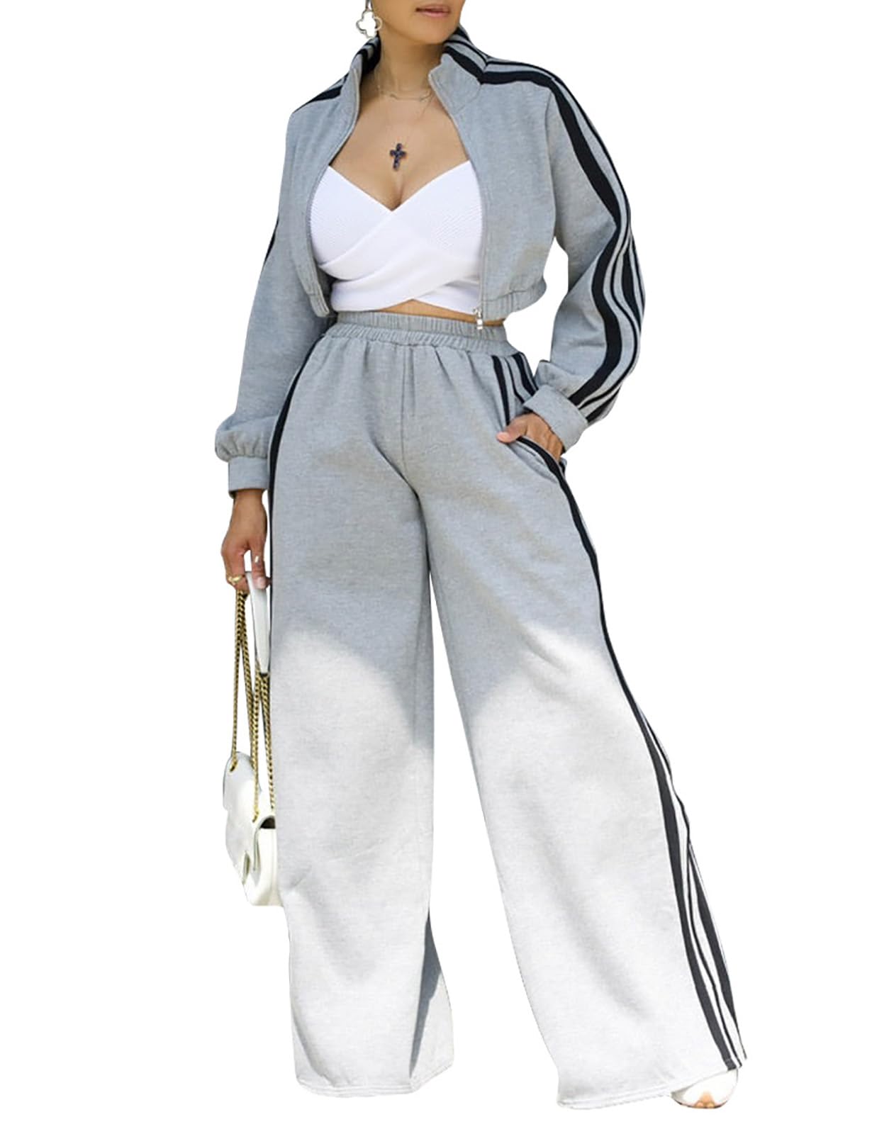 Yuopeid Womens Striped 2 Piece Outfits Zipper Jacket High Waisted Wide Leg Sweatpants Suits Jogger Travel Matching Set