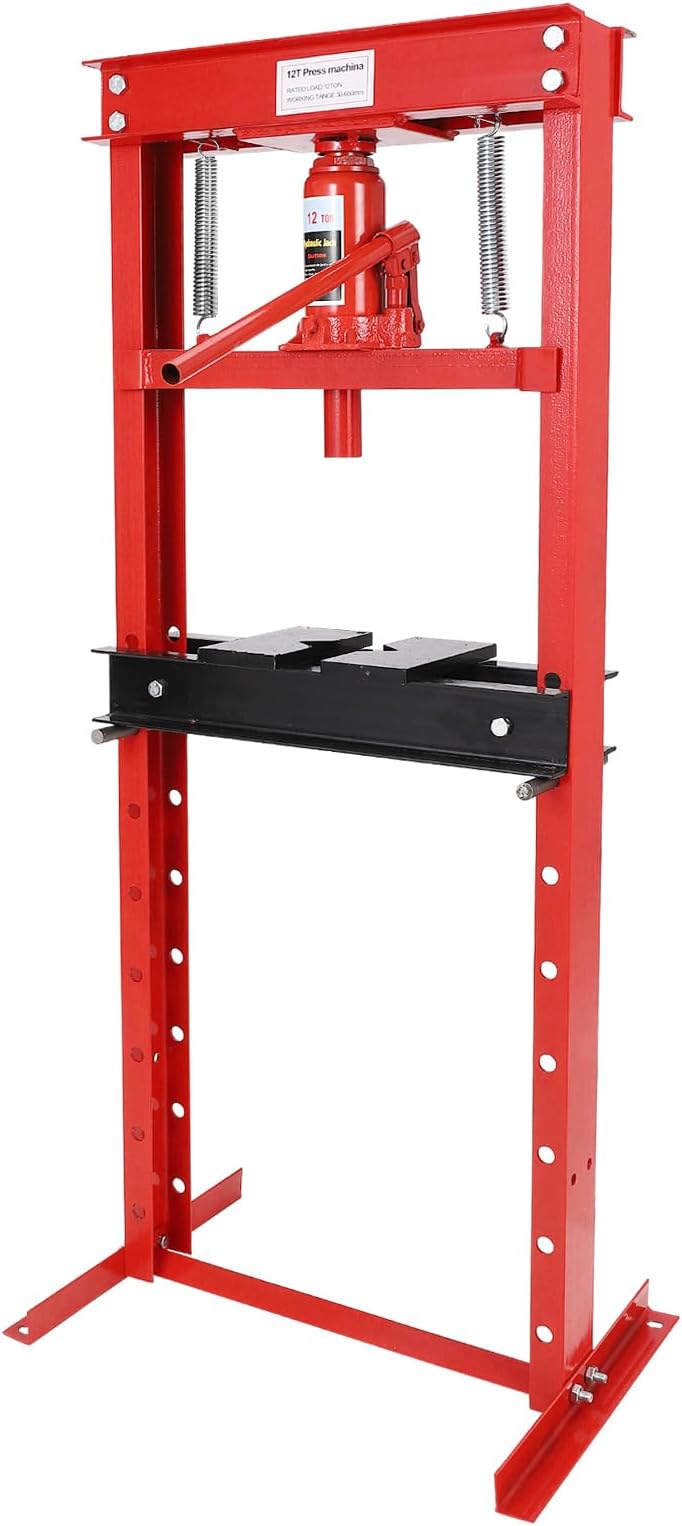 12 T Hydraulic Shop Press, H-Frame, 8-Hold Adjustable Height, with Movable Plates and Dust Cover, for Garage or Professional Users, Red