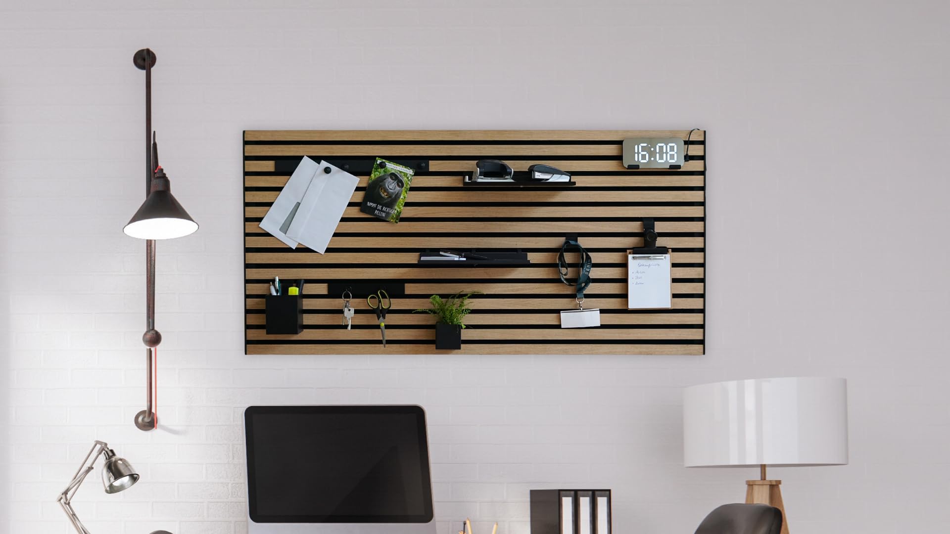 Steinmine - Designmanufaktur Wandorganizer (60 x 120 cm) - Akustikpaneel mit Eichenholzlamellen - inkl. Zubehör - einfache Montage - für Büro, Flur, Küche, Bad und mehr