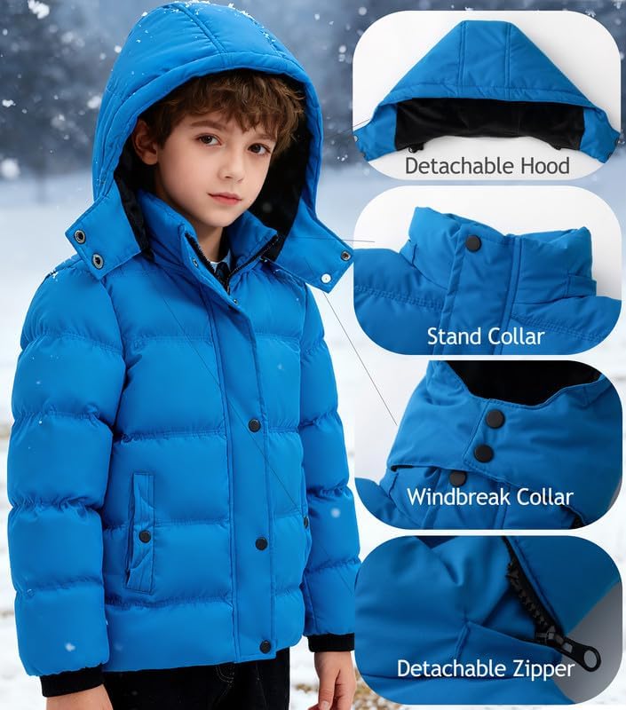 KVE Boy's Hooded Winter Coat Warm Puffer Jacket Thicken Quilted Coat with Removable Hood - Image 6