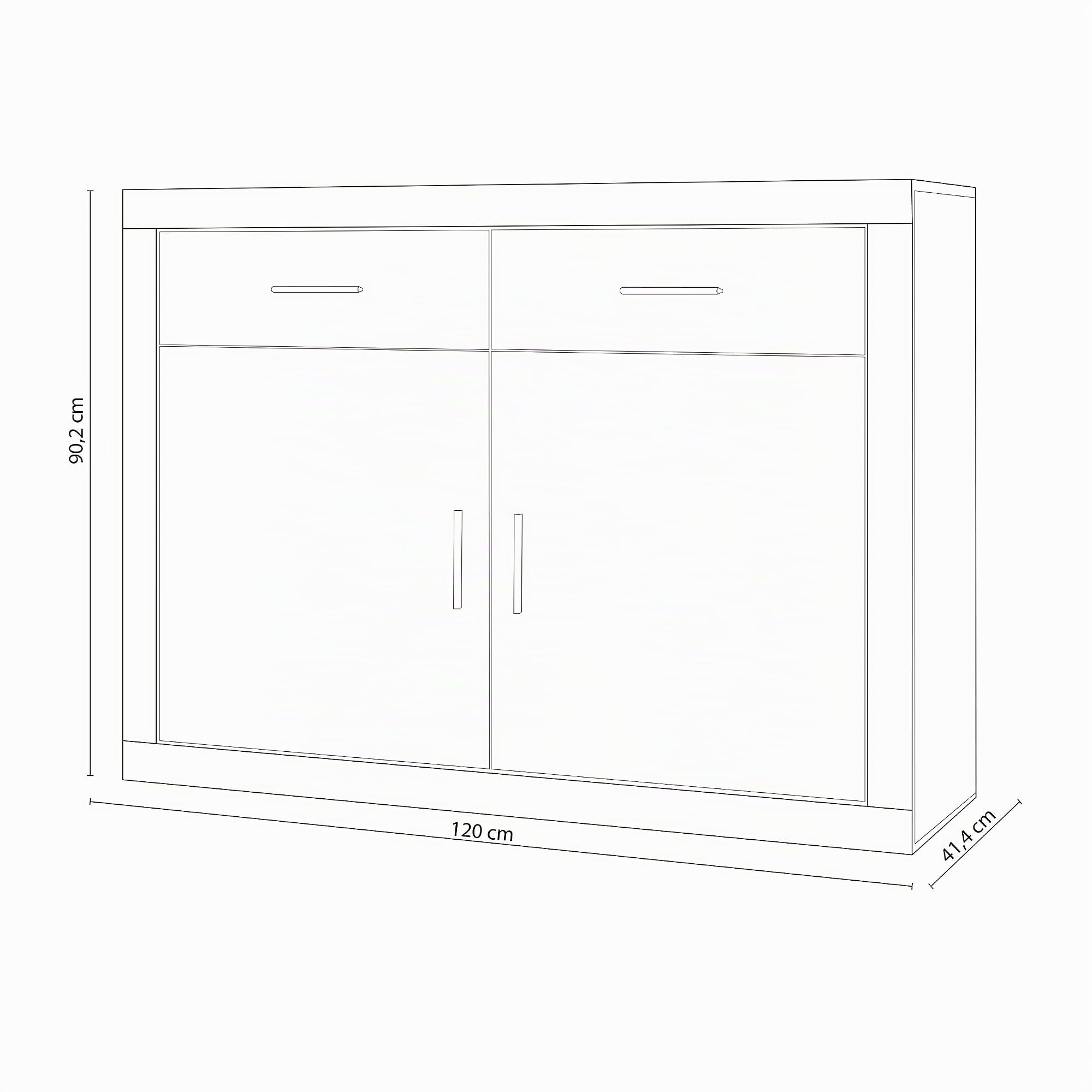 duehome | Mueble Aparador 2 Puertas + 2 cajones, Buffet para Cocina y Comedor, Modelo Nuka, Acabado en Color Cambria y Blanco, Medidas: 120 cm (Largo) x 41,4 cm (Fondo) x 90,2 cm (Alto)