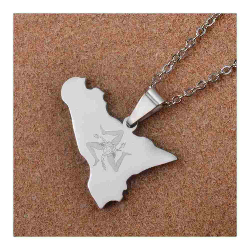 CECECOLEPansr Italia Sicilia Mappa Contorno Collana Pendente Fascino Gioielli Moda Lettera Geometrica Collana Coppia Hip Hop Catena Maglione Unisex Per Donna Uomo Regalo,Argento,45Cm(17.7 Pollici