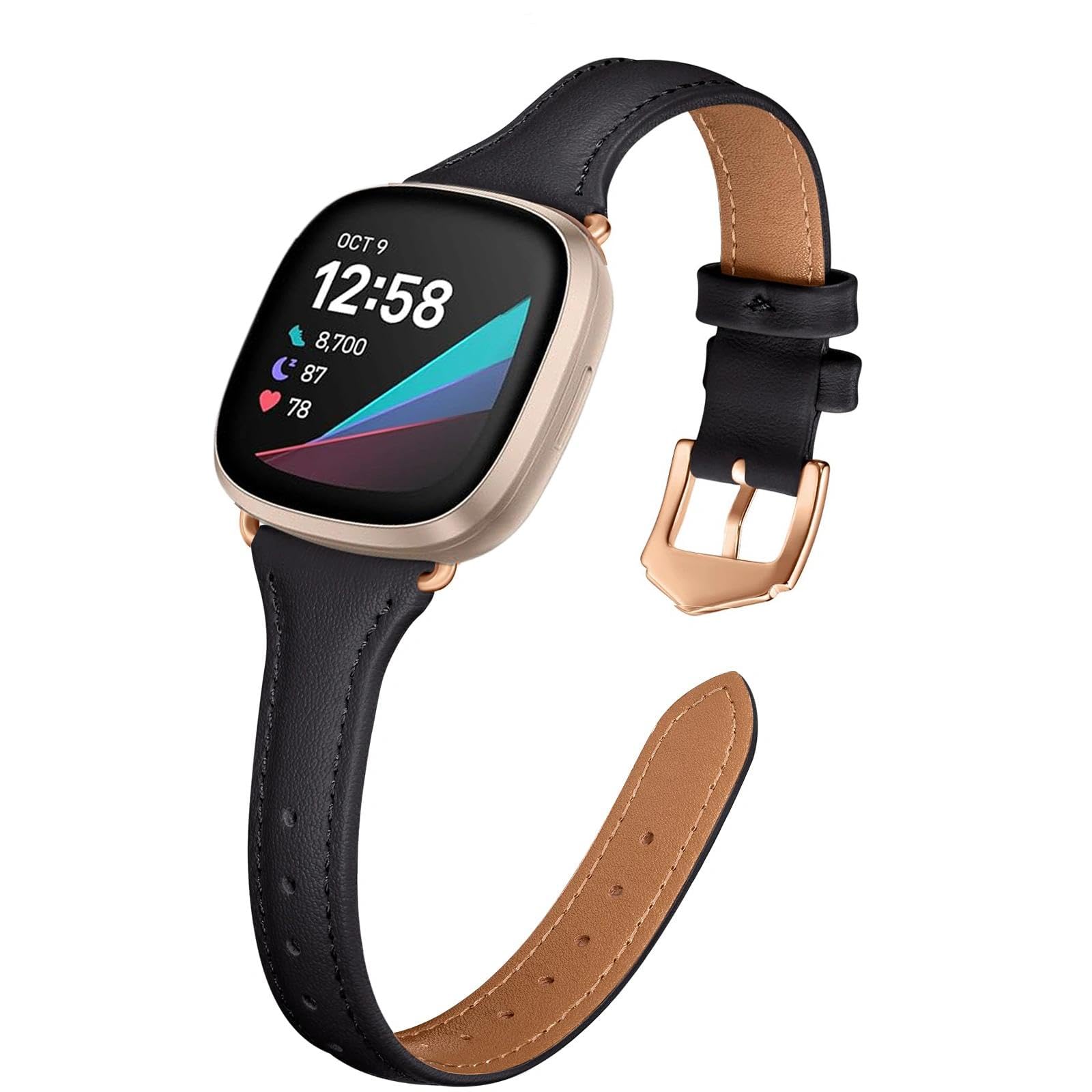 TUV PLNT Strap Compatible with Fitbit Versa 4/Versa 3/Sense 2/Sense,Leather Strap Replacement,Slim&Thin Wristband (Black/Rose Gold)