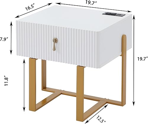 Miniatura 3 de Mesa auxiliar moderna de mediados de siglo con estación de carga, mesitas de noche con cajón, mesita de noche con USB para dormitorio, sala de estar