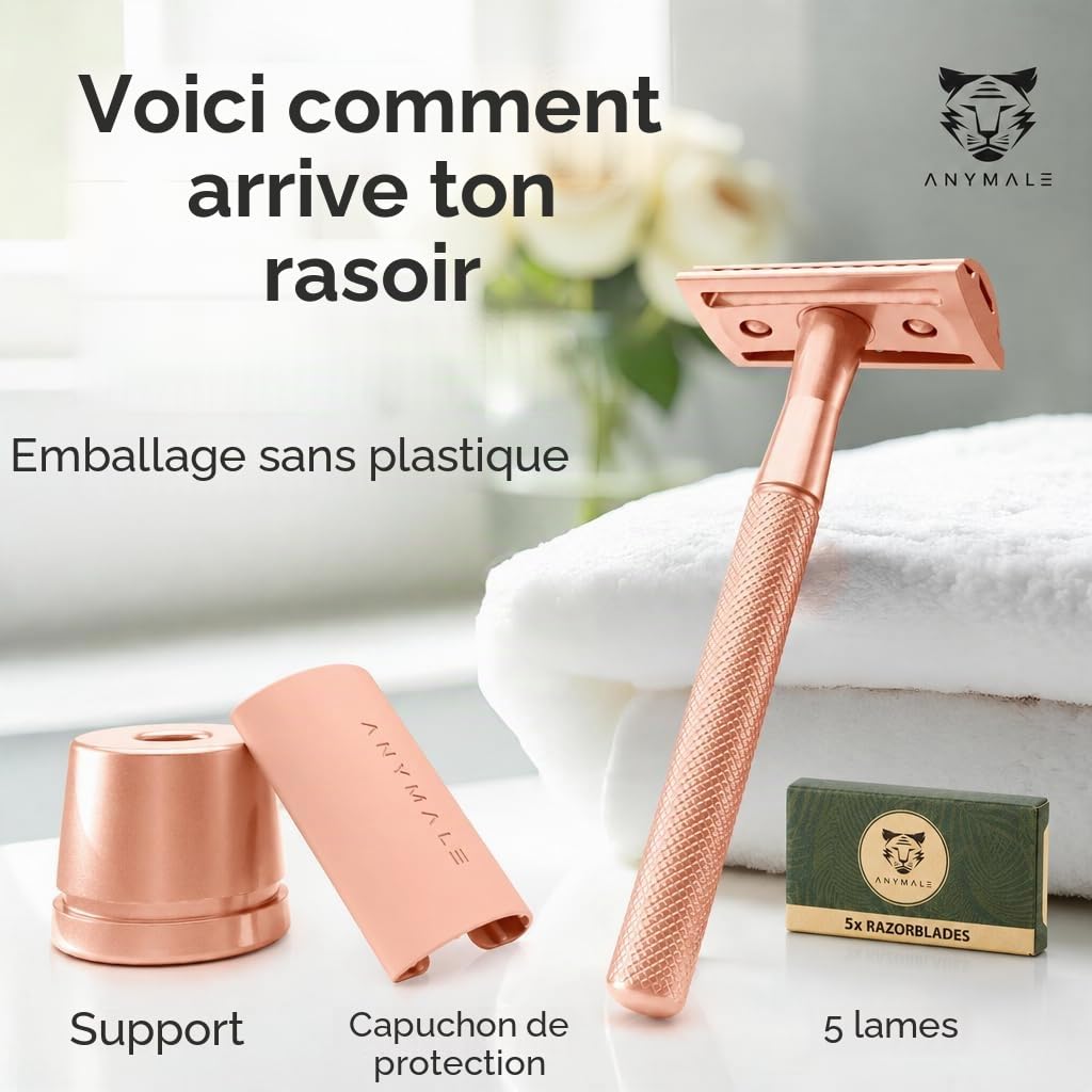 Rasoir de Surete Or Rose - Set femme avec support et 5 lames ASTRA - Rasoir métallique sans plastique