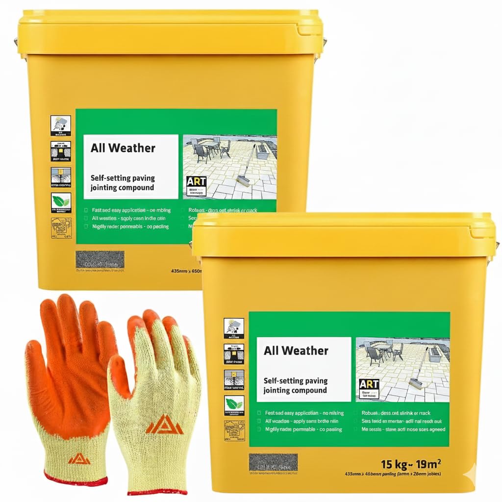 All Weather-Ready to Use, Self-Setting Paving Jointing Compound for Any Weather, Suitable for Stones Setts, Paving Block and Footpaths 15kg - 21 sq.m 2 pack with Gloves (Stone)