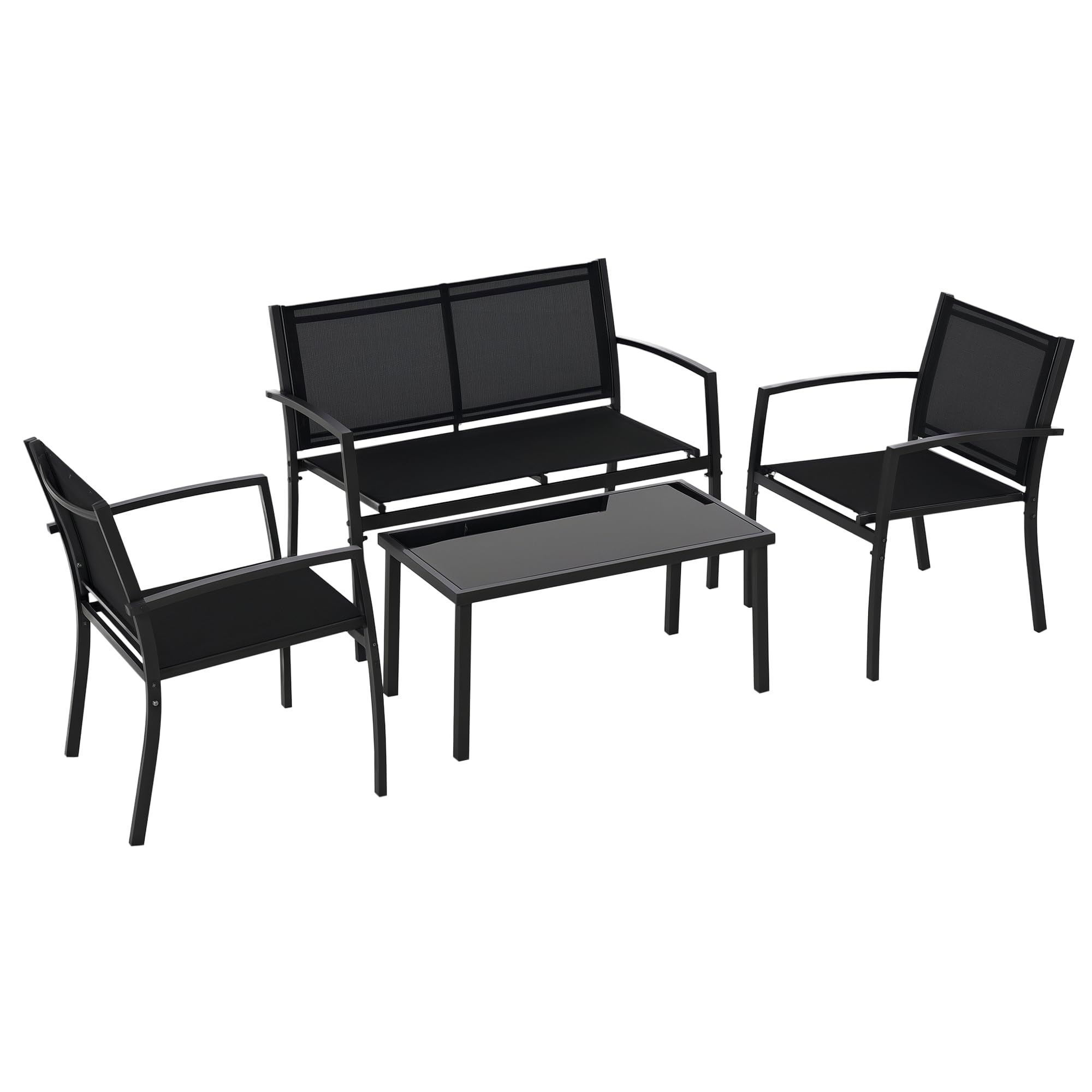 Outsunny Salon de Jardin extérieur 4 pièces avec canapé 2 Places, 2 chaises et Table Basse en Verre trempé, Coussins Inclus, mobilier de Jardin terrasse Veranda, Noir