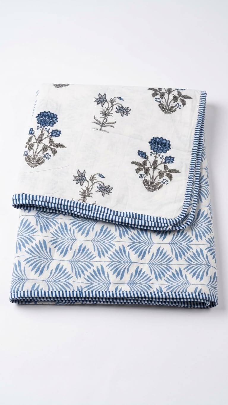 Block Print Quilted Bedspread, Blue Floral & Leaf Pattern | Reversible Design, Cotton Fabric, Hand Block Printed, Striped Border, Boho Home Decor-picture-10