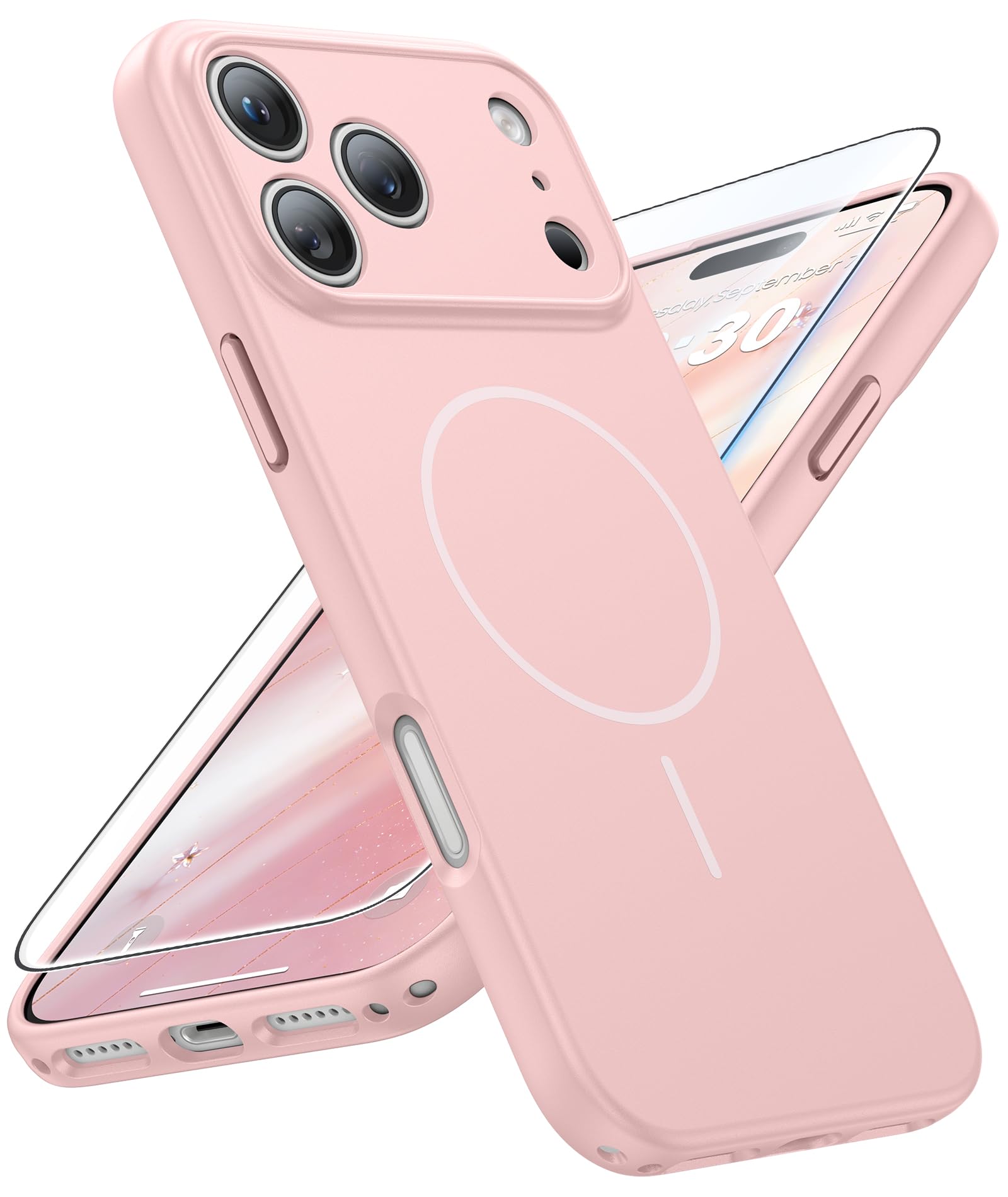 FNTCASE for iPhone 17 Pro-Max Case: Solid Pink Compatible with MagSafe | With Screen Protector, Full Camera Protection, Slim Matte Magnetic Shockproof Cover, 14FT Military Grade Drop Tested