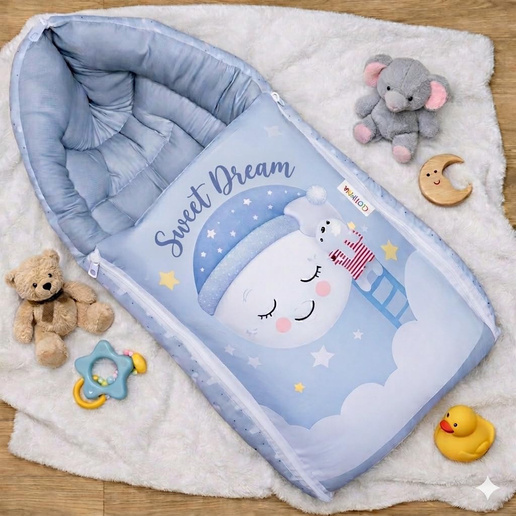 Baby Sleeping Bag 3 in 1, Cotton Outer with Polyester Fill, 70x50 cm, Zipper Closure, Fruit Print, for Newborns 0-12 Months (Moon Cap)-image-12