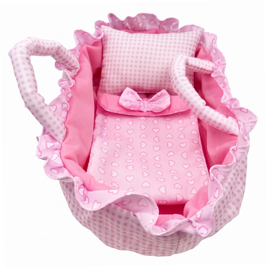 Baby Doll Bed with Pillow, Gingham Doll Bed & Accessories Storage Tote