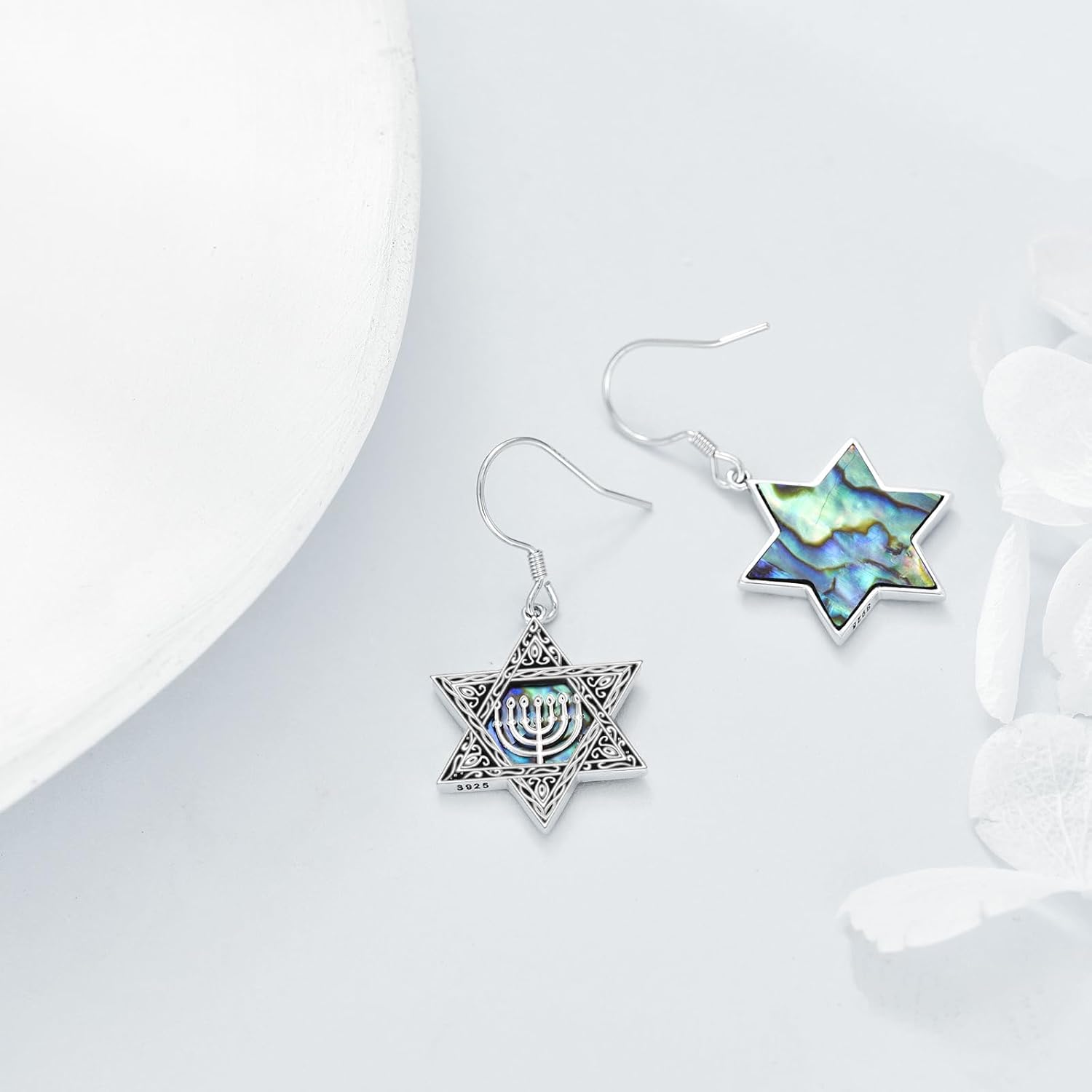 VONALA Star of David Sterling Silver Dangle Drop Earrings - Abalone Shell Hanukkah Chanukah Star of David Jewelry Gift for Women - Image 3