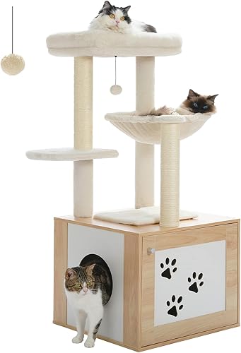 PETEPELA Árbol de madera para gatos grande con caja de arena, torre para gatos con hamaca súper grande diámetro 15.7 pulgadas, condominio para