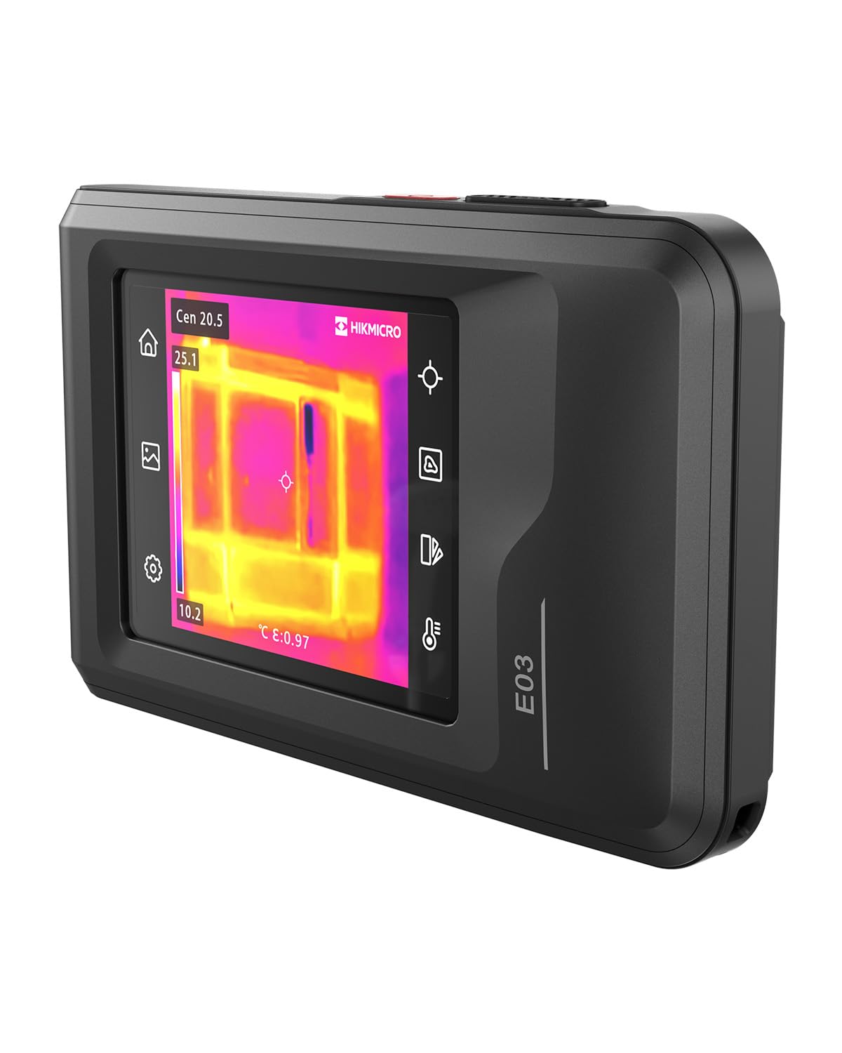 La termocamera compatta HIKMICRO E03 ha una risoluzione SuperIR di 240x240 e una camera visibile con risoluzione 96x96/9216 pixel, 25 Hz, display touchscreen da 3.5", IP54, da -20°C a 350°C