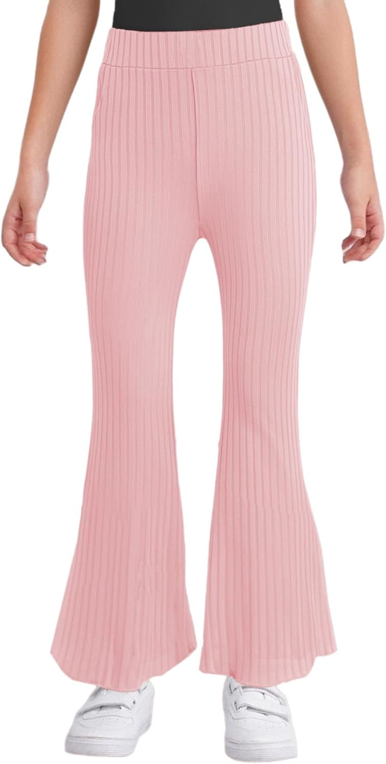 Linjinx Kids Girls Ribbed Knit Flared Pants Elastic Waist Ruffle Leggings Yoga Dance Bell Bottoms Tights Trousers
