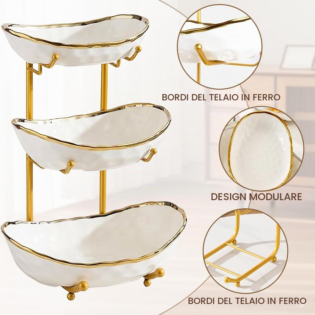 ciotola per frutta in ceramica a 3 strati con supporto in metallo, ciotola per frutta a più livelli, elegante vassoio per servire frutta, verdura e snack, ciotola decorativa per cucina e