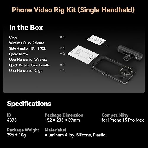 Miniatura 6 de SmallRig Kit de jaula de teléfono de mano individual para iPhone 15 Pro Max, kit de jaula de aparejo de video móvil con mango inalámbrico de