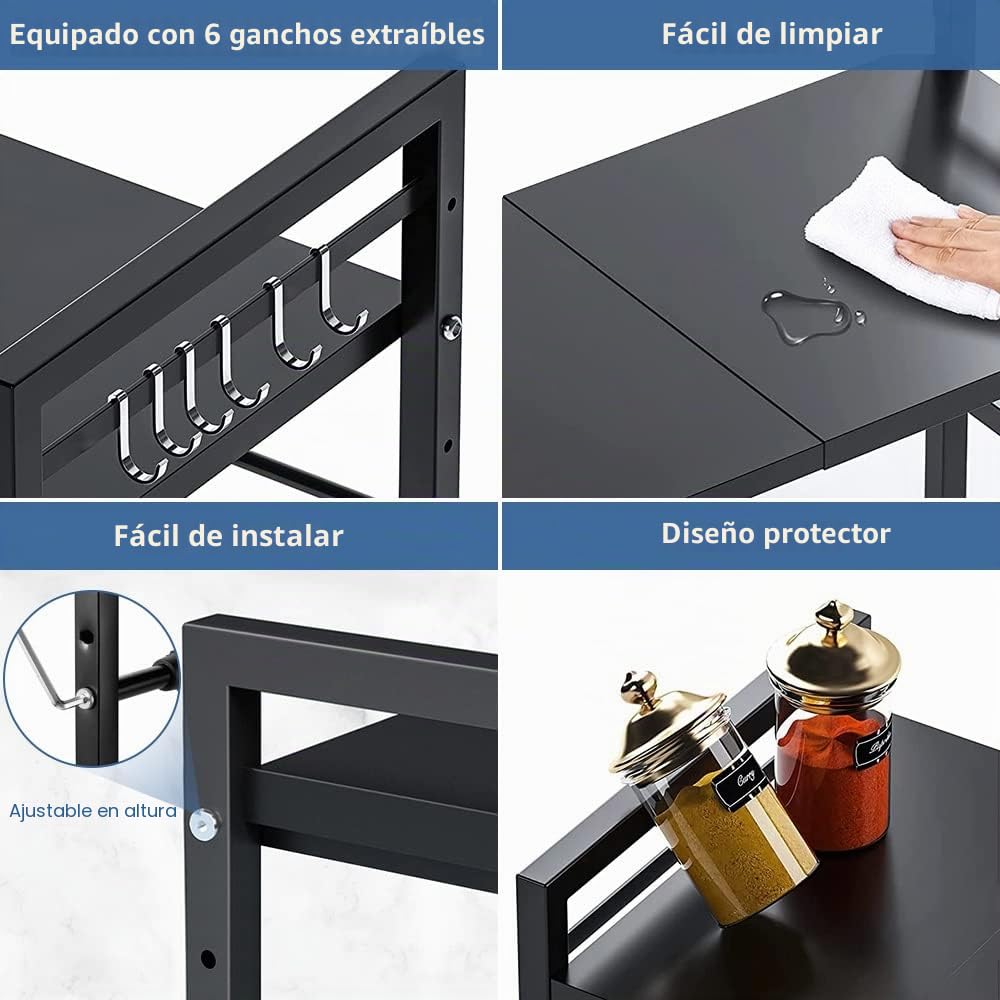 LUHWYJA Soporte Extensible para Horno de Microondas, Estante Ajustable, Rejilla para encimera de Cocina Organizador Estanteria Mueble con 6 Ganchos (2 Niveles, Negro)
