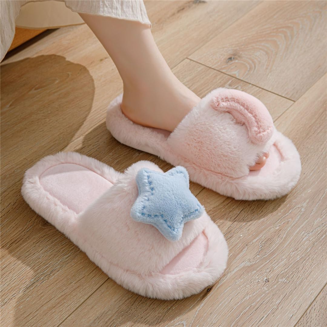 Wvapzxx Zapatillas De Piel Esponjosa De Algodón Para Mujer, Pantuflas Peludas De Interior Para El Hogar, Pantuflas De Felpa Lindas Con Forma De Estrella Y Luna