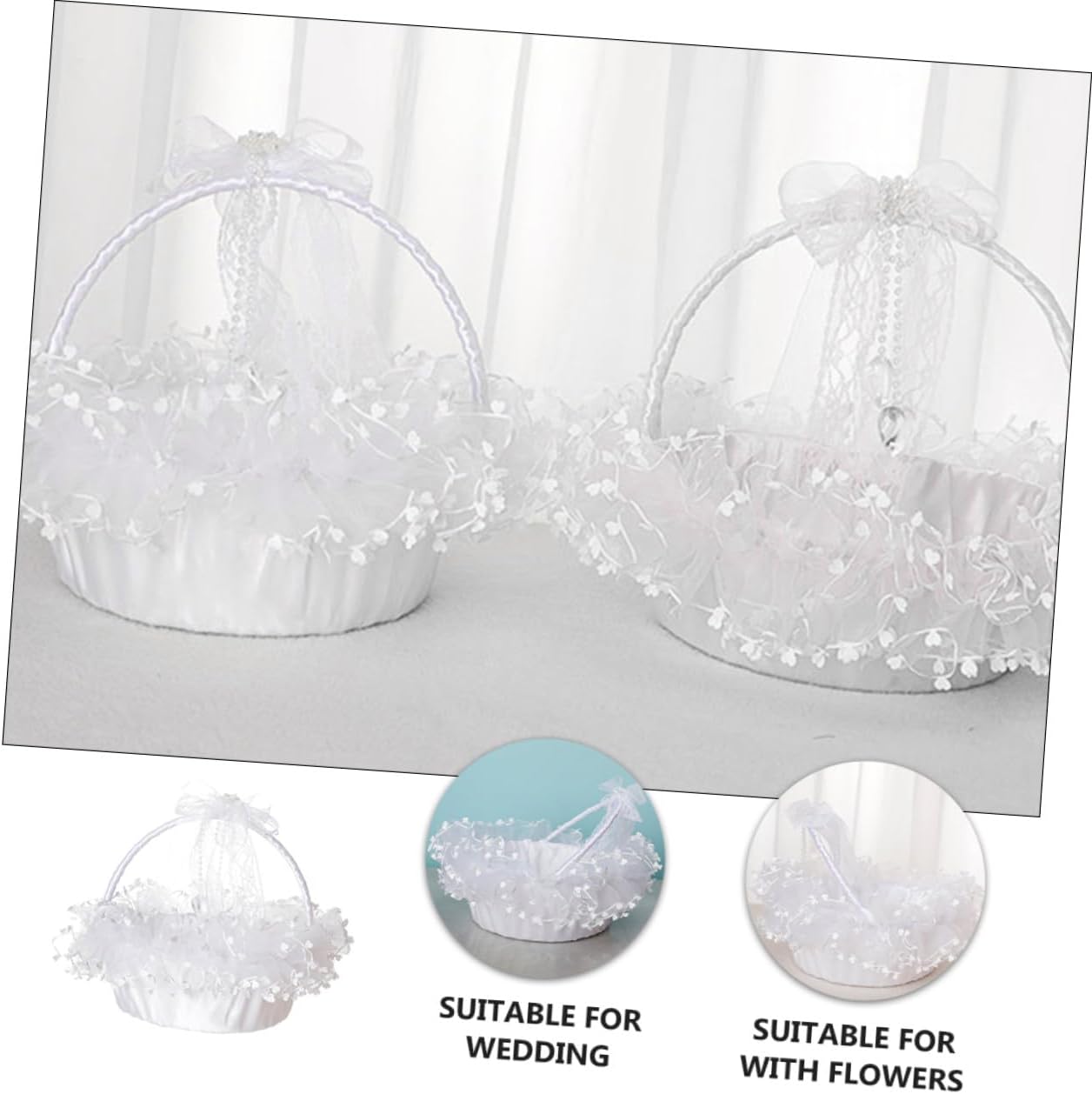 Delicate Handheld Lace Wedding Flower Basket, Foldable White Decorative Basket for Flower Girl, Wedding Ceremony Supplies